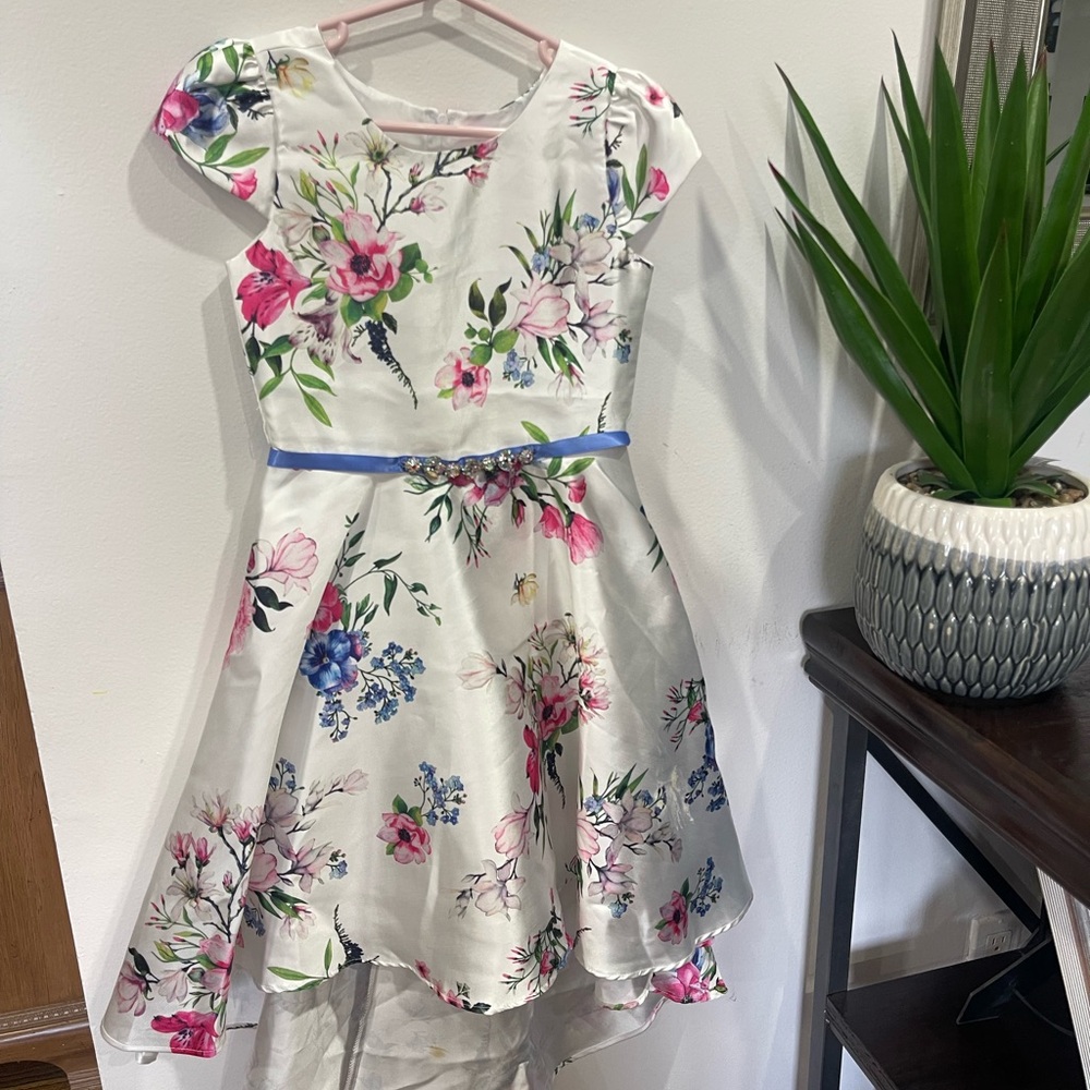 Floral Kids Dress with Blue Accents